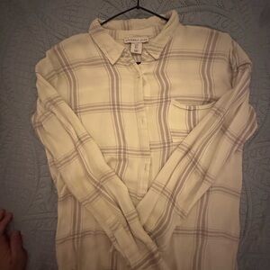 Sincerly Jules Cream and Tan Plaid Casual Button-Down